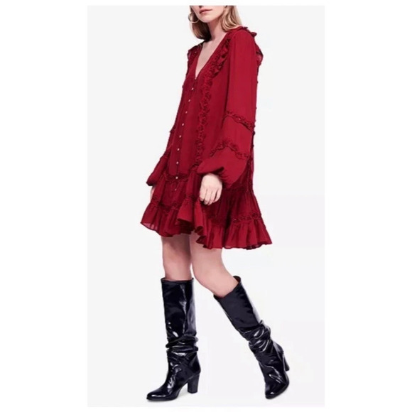 Free People Snow Angel Mini Dress XS Burgundy Feminine Boho Romantic Ethereal - Picture 7 of 15
